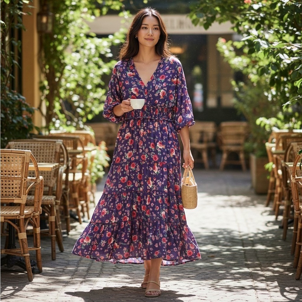 Spy Zone Exchange Maxi Dress Women Large Purple Floral Smocked Tiered Boho Rose
